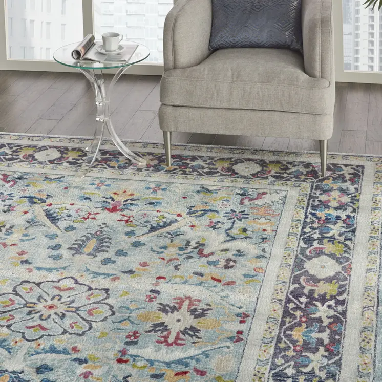 8' X 10' Teal Blue Orange and Black Floral Medallion Distressed Non Skid Area Rug