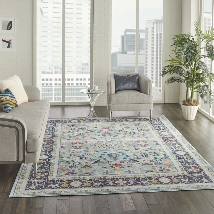 8' X 10' Teal Blue Orange and Black Floral Medallion Distressed Non Skid Area Rug