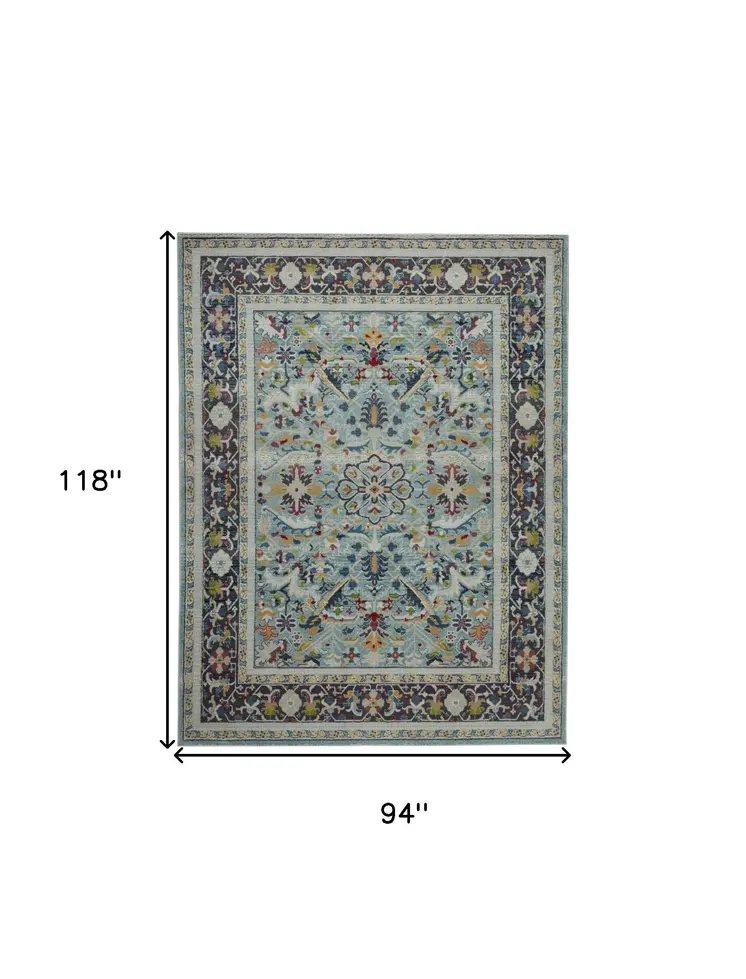 8' X 10' Teal Blue Orange and Black Floral Medallion Distressed Non Skid Area Rug
