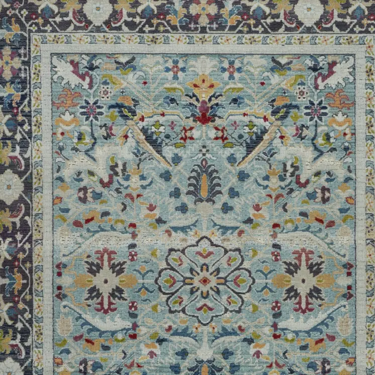 8' X 10' Teal Blue Orange and Black Floral Medallion Distressed Non Skid Area Rug