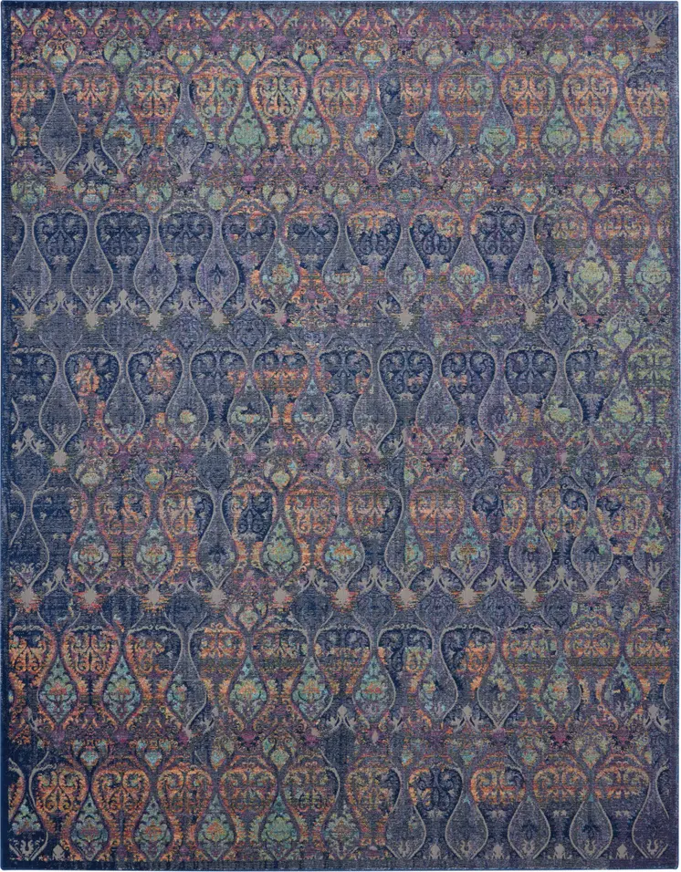 8' X 10' Navy Blue and Orange Ogee Distressed Non Skid Area Rug
