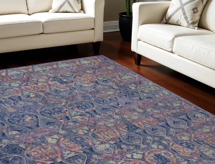 8' X 10' Navy Blue and Orange Ogee Distressed Non Skid Area Rug