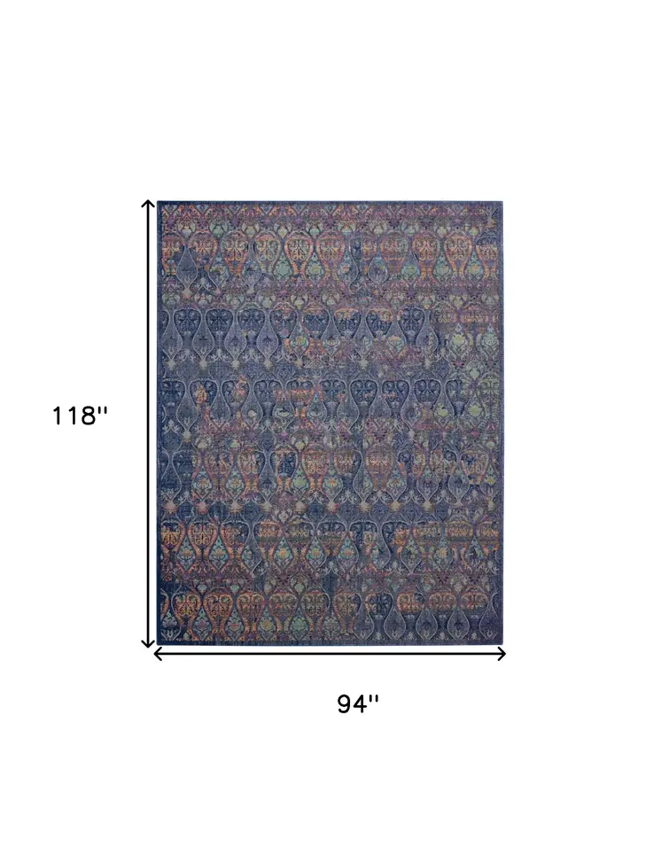 8' X 10' Navy Blue and Orange Ogee Distressed Non Skid Area Rug