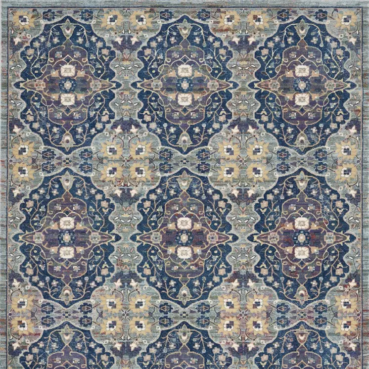 8' X 10' Ivory Navy Blue and Yellow Floral Distressed Non Skid Area Rug