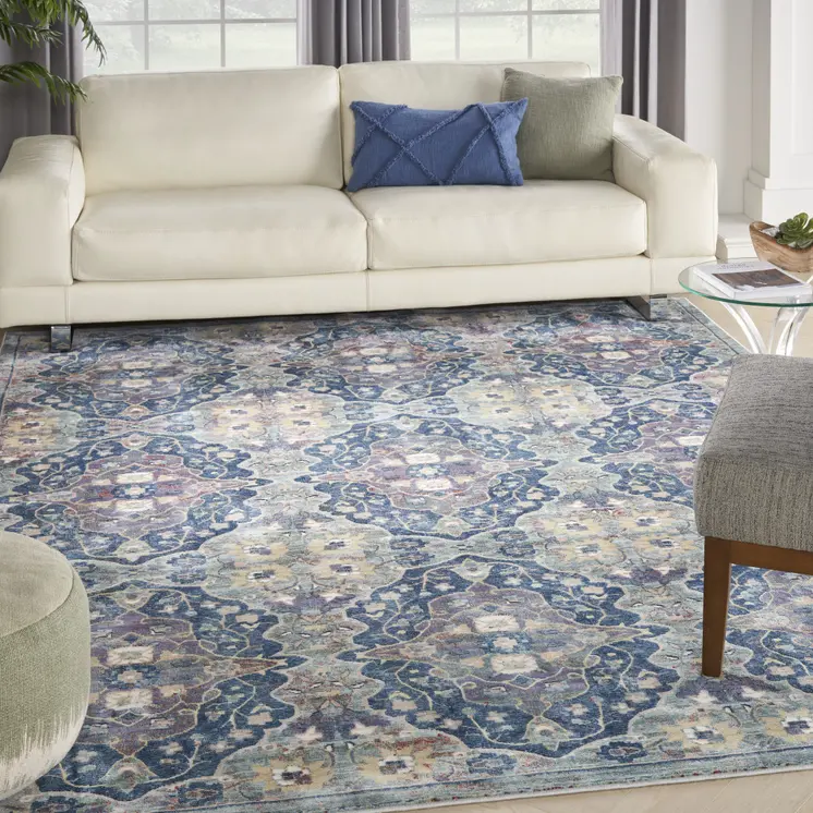 8' X 10' Ivory Navy Blue and Yellow Floral Distressed Non Skid Area Rug