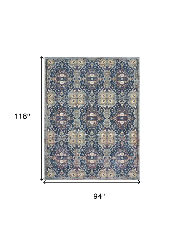 8' X 10' Ivory Navy Blue and Yellow Floral Distressed Non Skid Area Rug