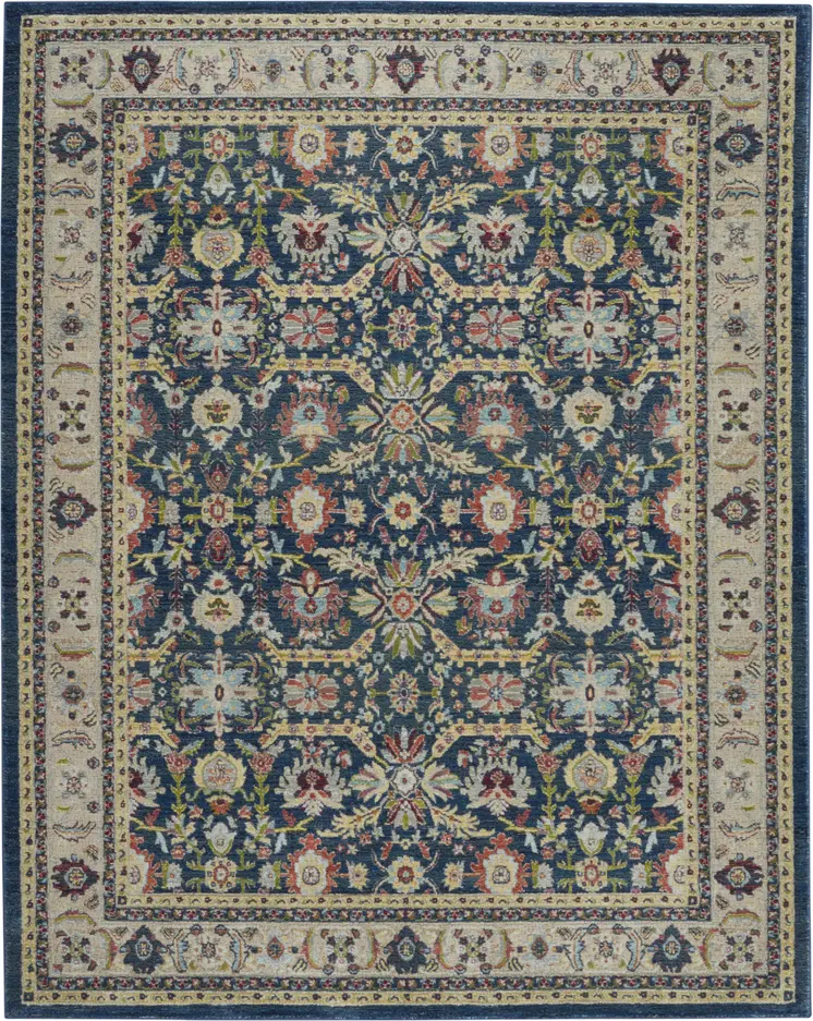 8' X 10' Navy Blue and Yellow Floral Distressed Non Skid Area Rug