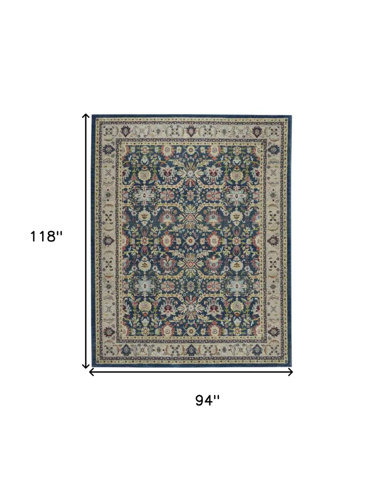 8' X 10' Navy Blue and Yellow Floral Distressed Non Skid Area Rug