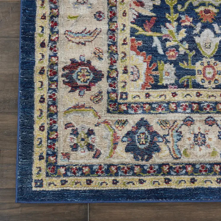 8' X 10' Navy Blue and Yellow Floral Distressed Non Skid Area Rug
