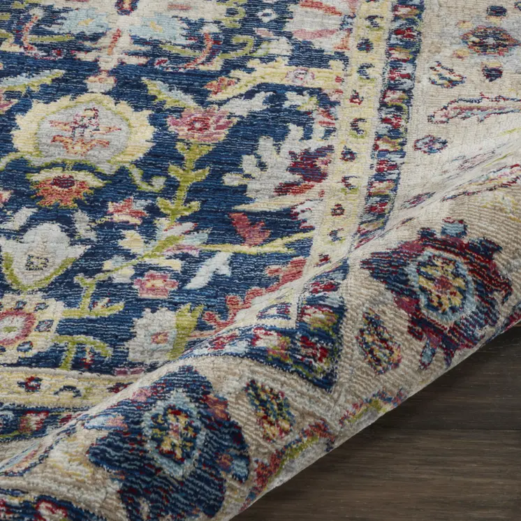 8' X 10' Navy Blue and Yellow Floral Distressed Non Skid Area Rug
