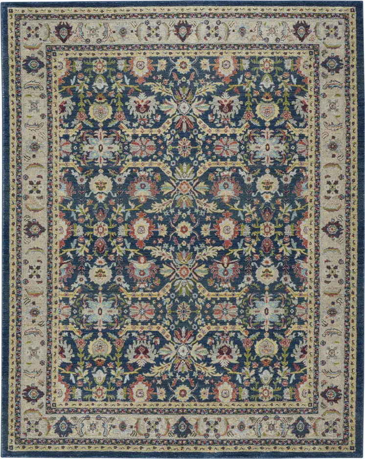 8' X 10' Navy Blue and Yellow Floral Distressed Non Skid Area Rug