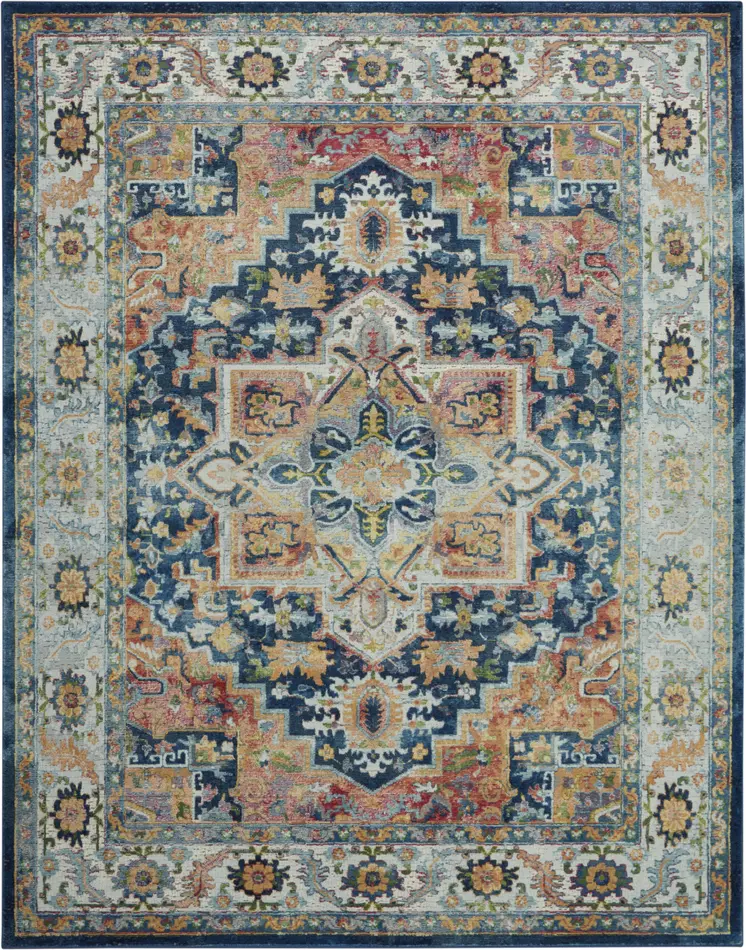 8' X 10' Ivory Blue and Orange Floral Medallion Distressed Non Skid Area Rug