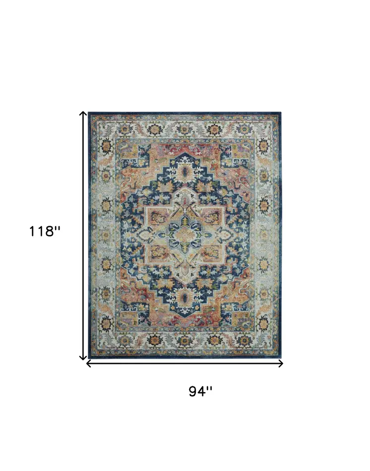 8' X 10' Ivory Blue and Orange Floral Medallion Distressed Non Skid Area Rug