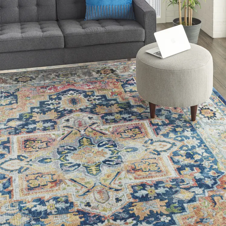 8' X 10' Ivory Blue and Orange Floral Medallion Distressed Non Skid Area Rug