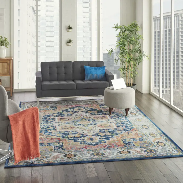 8' X 10' Ivory Blue and Orange Floral Medallion Distressed Non Skid Area Rug