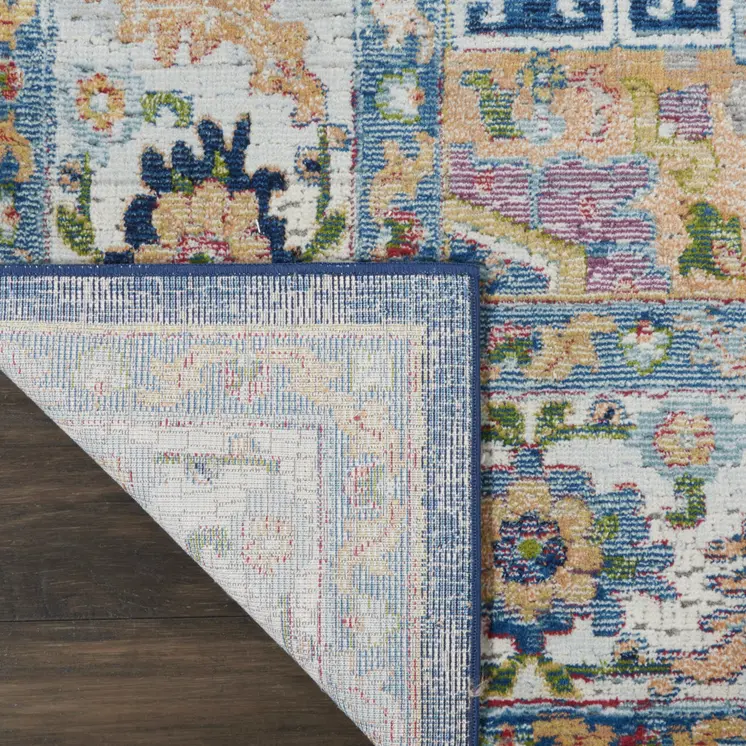 8' X 10' Ivory Blue and Orange Floral Medallion Distressed Non Skid Area Rug