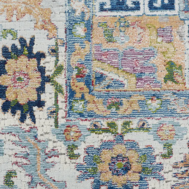 8' X 10' Ivory Blue and Orange Floral Medallion Distressed Non Skid Area Rug