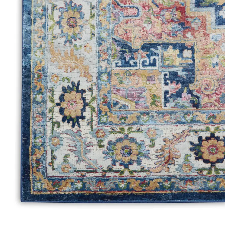 8' X 10' Ivory Blue and Orange Floral Medallion Distressed Non Skid Area Rug