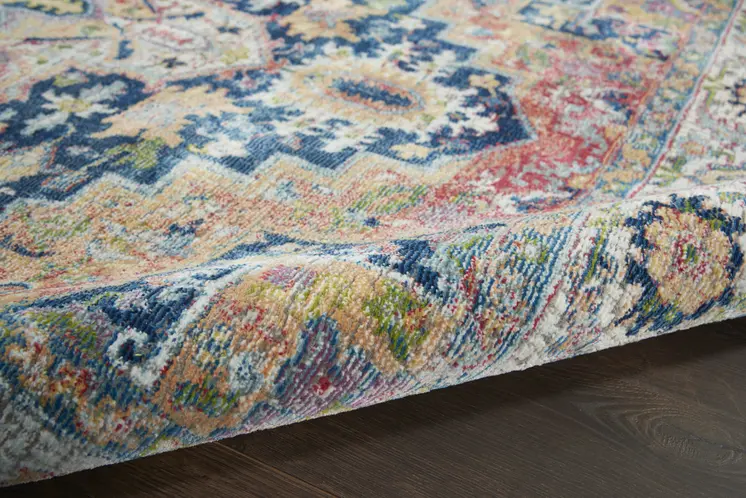 8' X 10' Ivory Blue and Orange Floral Medallion Distressed Non Skid Area Rug