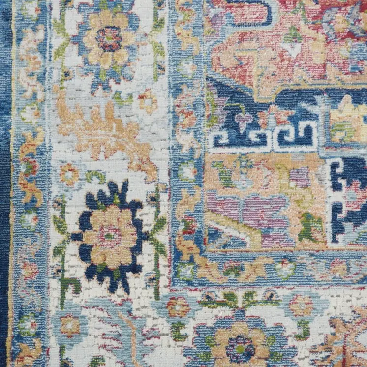 8' X 10' Ivory Blue and Orange Floral Medallion Distressed Non Skid Area Rug