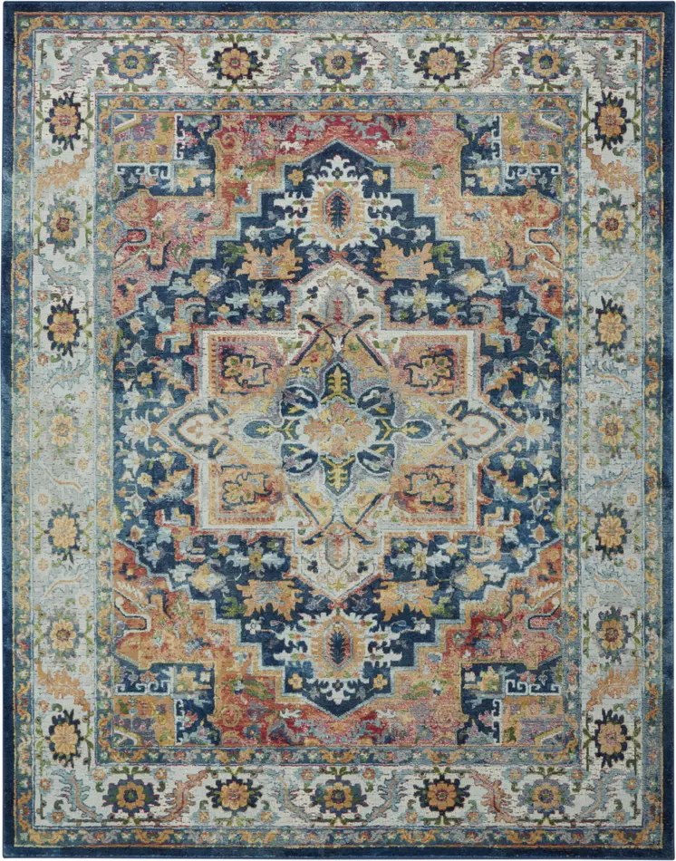 8' X 10' Ivory Blue and Orange Floral Medallion Distressed Non Skid Area Rug