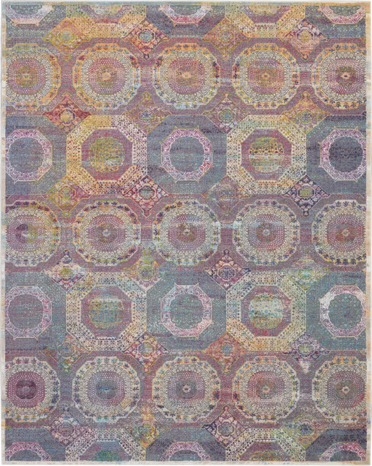 8' X 10' Blue Red and Orange Geometric Distressed Non Skid Area Rug