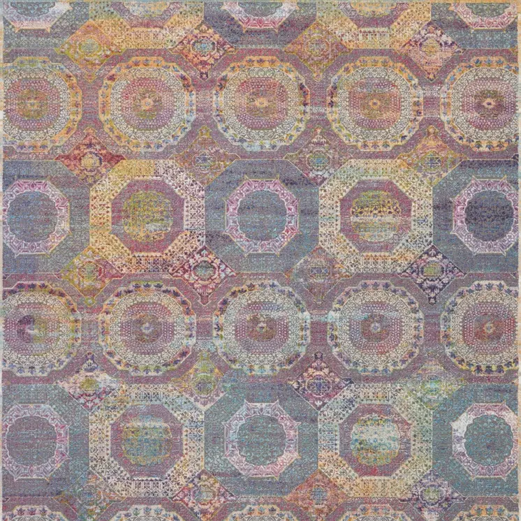 8' X 10' Blue Red and Orange Geometric Distressed Non Skid Area Rug