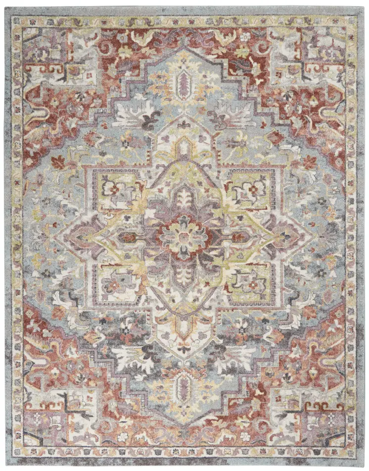 8' X 10' Blue and Red Floral Distressed Area Rug