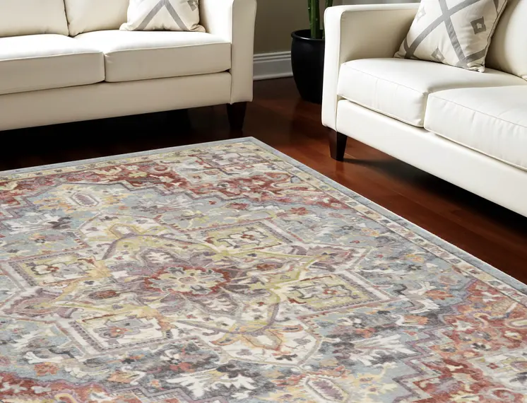 8' X 10' Blue and Red Floral Distressed Area Rug