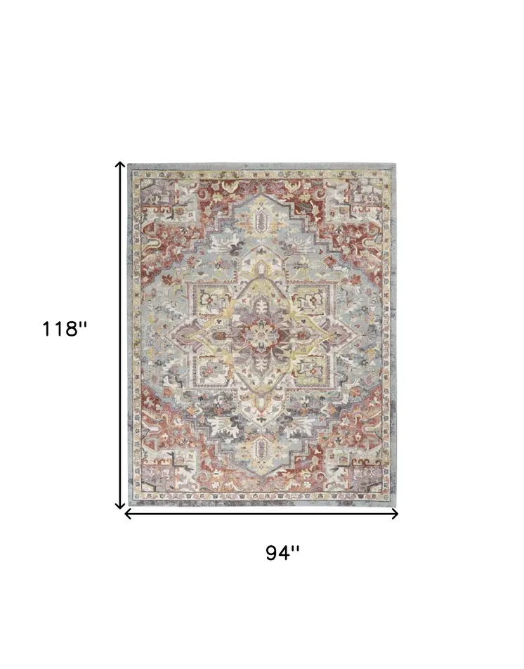 8' X 10' Blue and Red Floral Distressed Area Rug