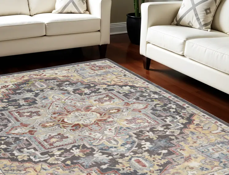 8' X 10' Charcoal Brown and Yellow Floral Distressed Area Rug