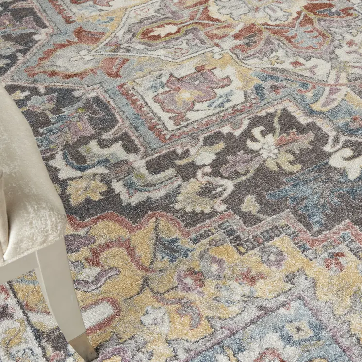8' X 10' Charcoal Brown and Yellow Floral Distressed Area Rug