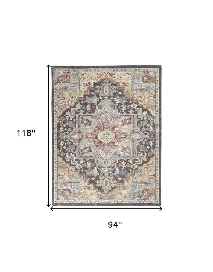 8' X 10' Charcoal Brown and Yellow Floral Distressed Area Rug