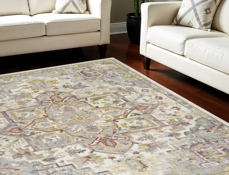 8' X 10' Ivory Green and Gray Floral Area Rug