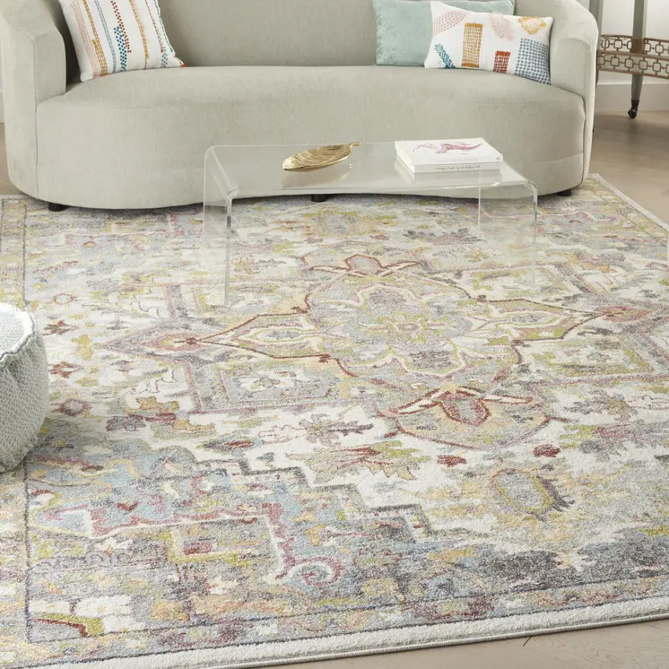 8' X 10' Gray Green And Ivory Floral Medallion Area Rug