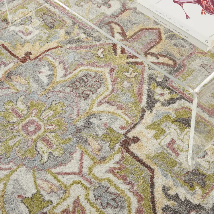 8' X 10' Gray Green And Ivory Floral Medallion Area Rug