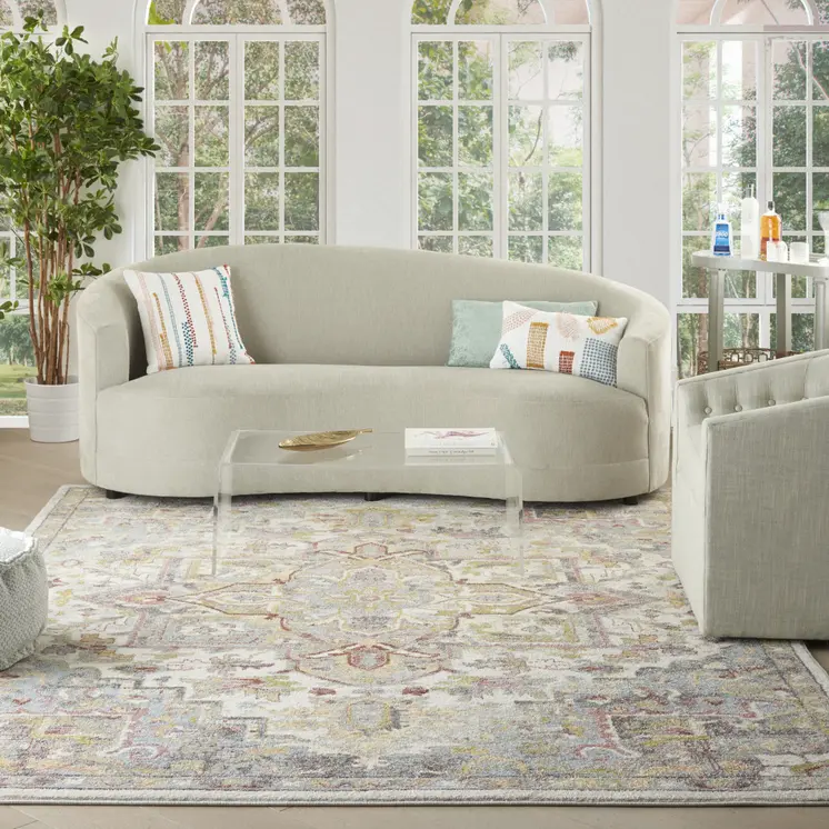 8' X 10' Gray Green And Ivory Floral Medallion Area Rug
