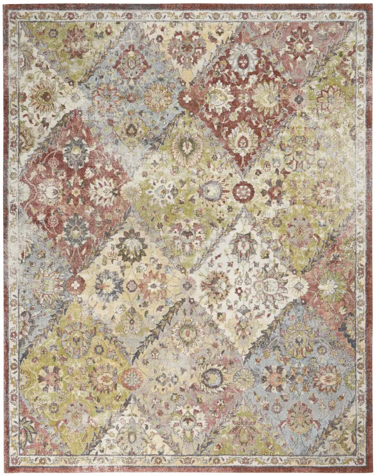 8' X 10' Green and Ivory Floral Distressed Area Rug
