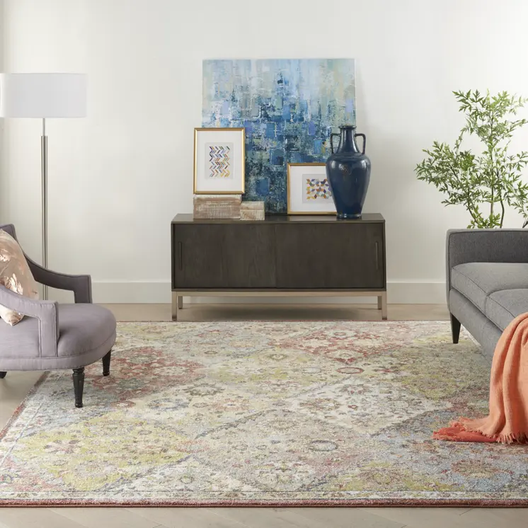 8' X 10' Green and Ivory Floral Distressed Area Rug