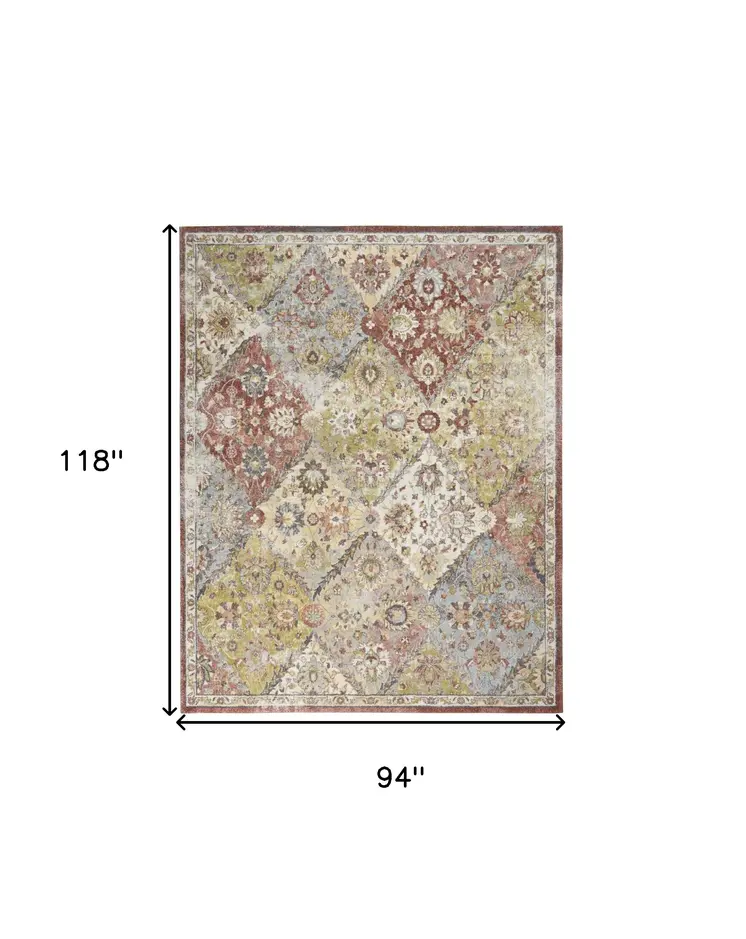 8' X 10' Green and Ivory Floral Distressed Area Rug
