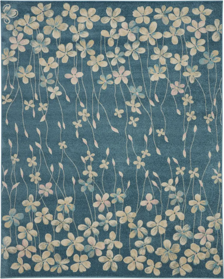 9' X 12' Turquoise and Cream Floral Area Rug