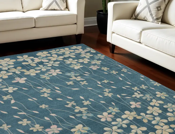 9' X 12' Turquoise and Cream Floral Area Rug