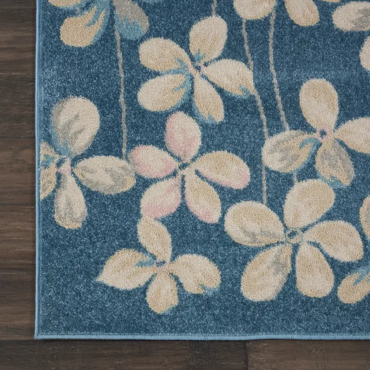 9' X 12' Turquoise and Cream Floral Area Rug