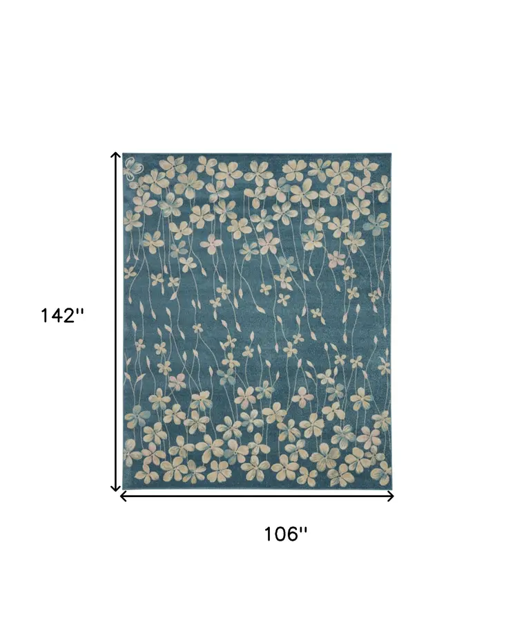 9' X 12' Turquoise and Cream Floral Area Rug