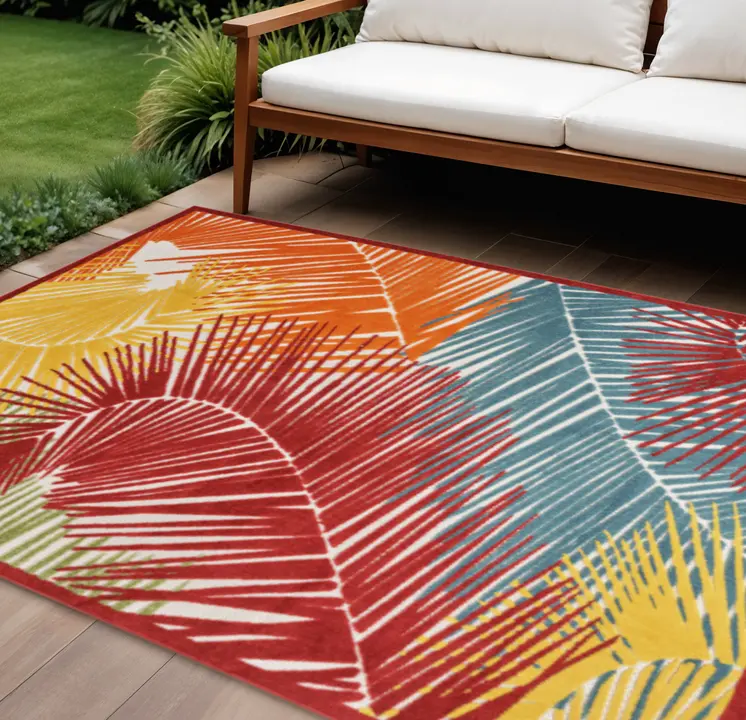 10' X 13' Yellow Red Orange Blue And Green Palm Leaf Indoor Outdoor Area Rug