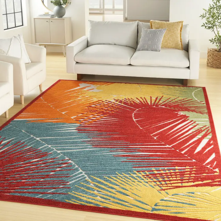 10' X 13' Yellow Red Orange Blue And Green Palm Leaf Indoor Outdoor Area Rug