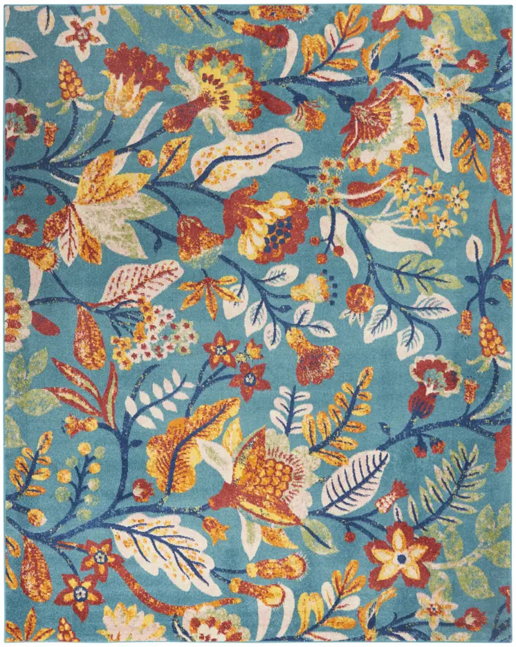 9' X 12' Aqua Floral Power Loom Area Rug