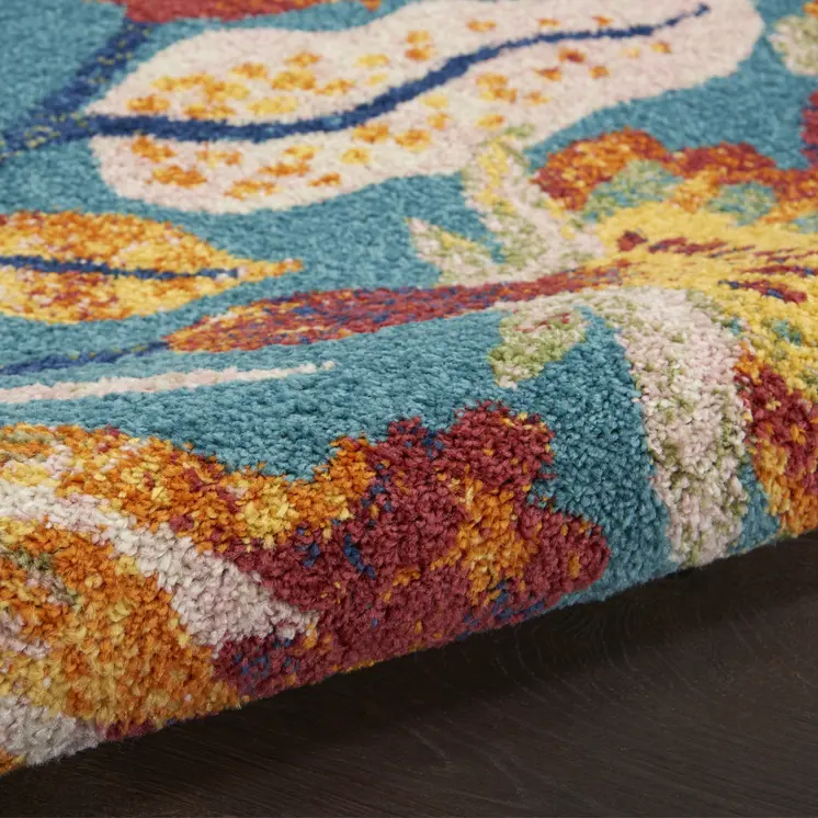 9' X 12' Aqua Floral Power Loom Area Rug