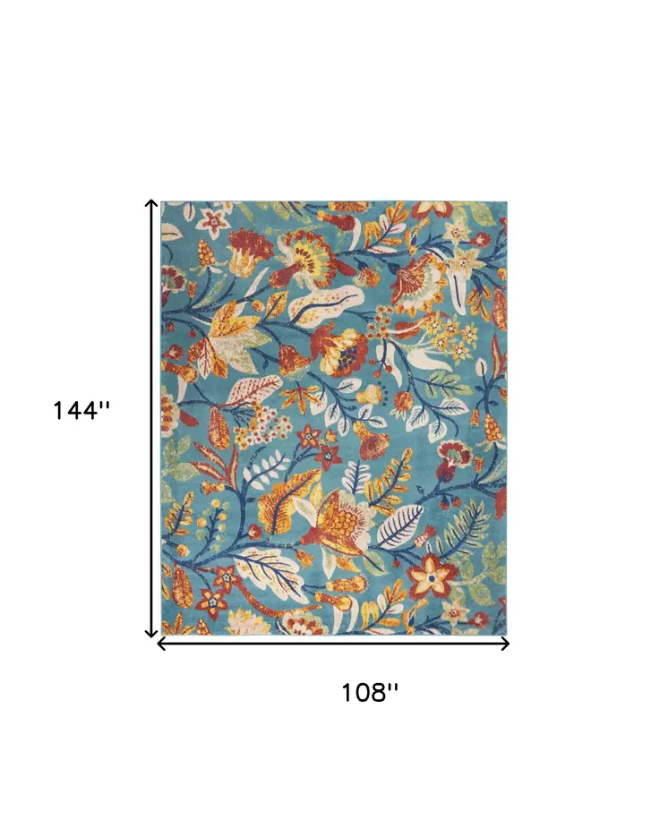 9' X 12' Aqua Floral Power Loom Area Rug