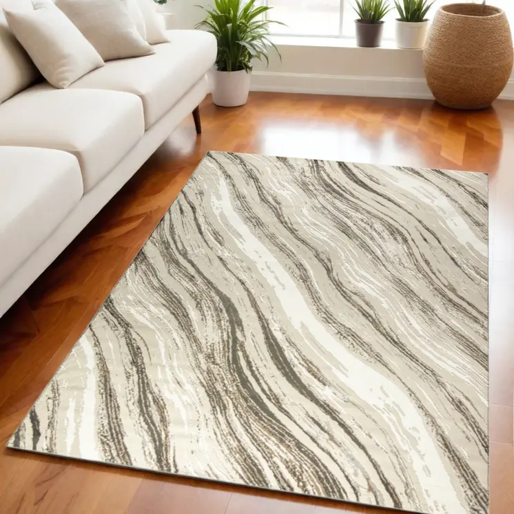 9' X 12' Beige Black and Gray Abstract Non Skid Area Rug